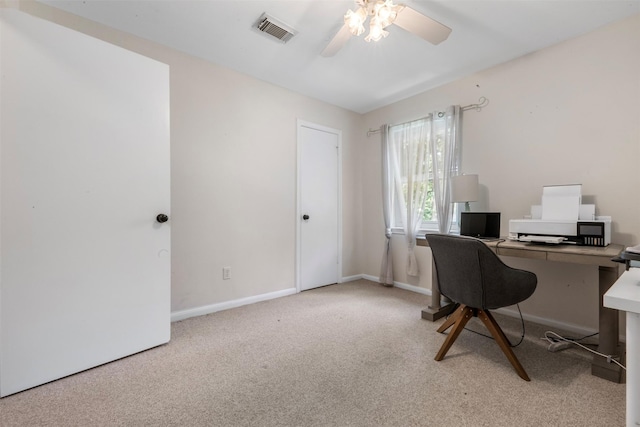 14107 Ravenhurst Ln, Houston, TX 77070 - office with a ceiling fan, light colored carpet, and baseboards