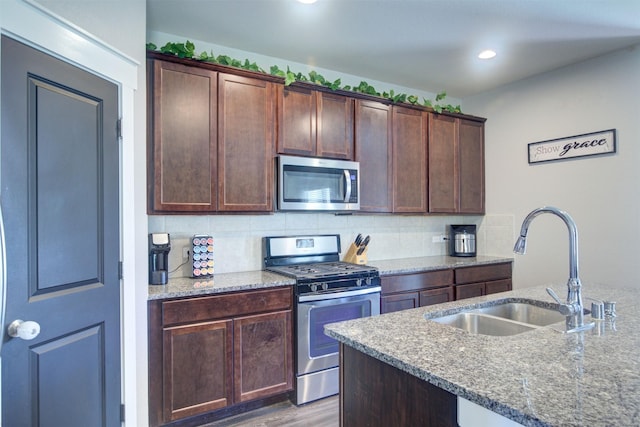 12413 S Hill Ct, Magnolia, TX 77354 - kitchen with stainless steel appliances, a sink, tasteful backsplash, wood finished floors, and recessed lighting