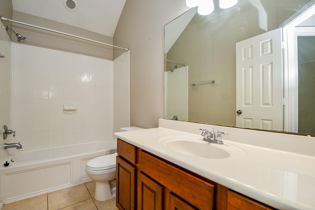 2627 Old River Ln, Richmond, TX 77406 - full bathroom with toilet, shower / bath combination, tile patterned flooring, vanity, and lofted ceiling