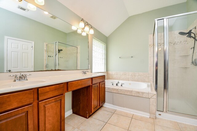 2627 Old River Ln, Richmond, TX 77406 - bathroom with a shower stall, a garden tub, tile patterned floors, double vanity, and vaulted ceiling
