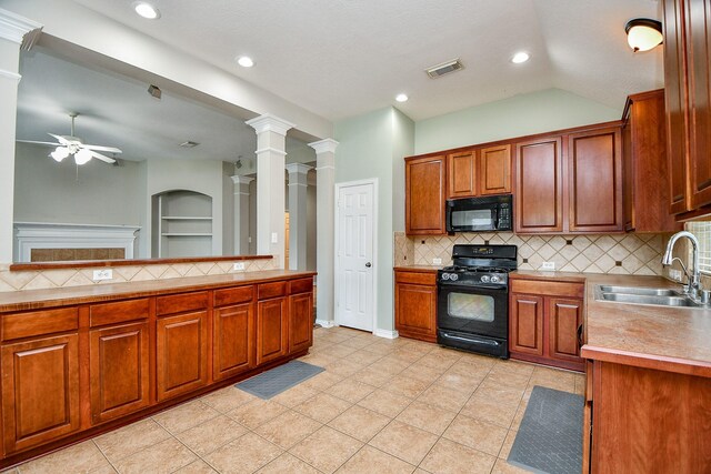 2627 Old River Ln, Richmond, TX 77406 - kitchen with black appliances, a sink, ceiling fan, backsplash, and brown cabinets