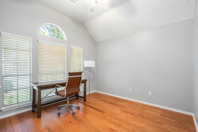 3510 Brookstone Ct, Pearland, TX 77584 - office featuring a ceiling fan, wood finished floors, and vaulted ceiling