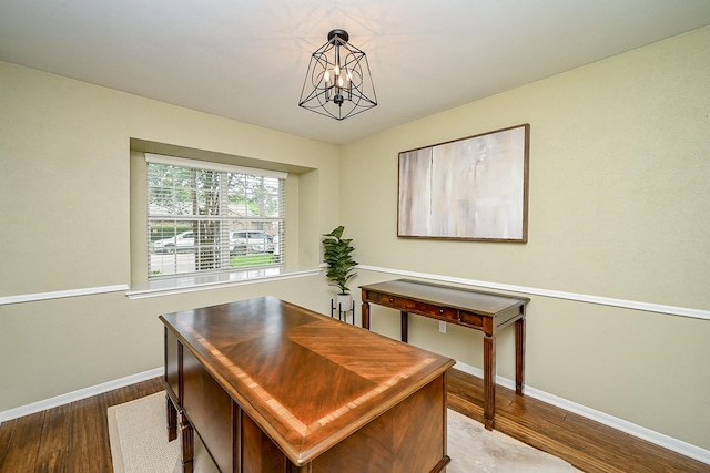 2730 Manila Ln, Houston, TX 77043 - office area featuring wood finished floors, baseboards, and a chandelier