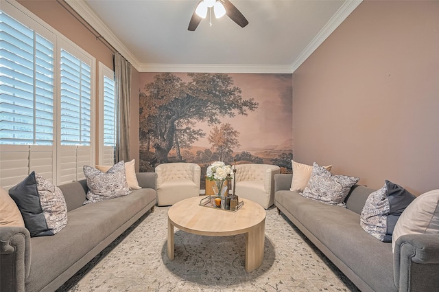 1942 Crisfield Dr, Sugar Land, TX 77479 - living area featuring ornamental molding and ceiling fan