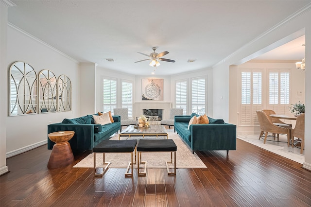 1942 Crisfield Dr, Sugar Land, TX 77479 - living area with ceiling fan, crown molding, dark wood-style floors, and plenty of natural light