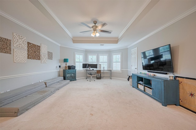 1942 Crisfield Dr, Sugar Land, TX 77479 - home office with a raised ceiling, light colored carpet, ceiling fan, and ornamental molding