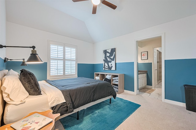 1942 Crisfield Dr, Sugar Land, TX 77479 - bedroom featuring vaulted ceiling, connected bathroom, ceiling fan, and light carpet