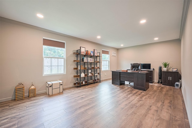 1942 Crisfield Dr, Sugar Land, TX 77479 - home office featuring crown molding, recessed lighting, and light wood-style flooring
