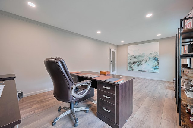 1942 Crisfield Dr, Sugar Land, TX 77479 - office area featuring ornamental molding, light wood-style flooring, and recessed lighting