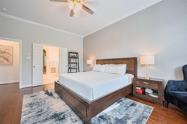 1942 Crisfield Dr, Sugar Land, TX 77479 - bedroom featuring ornamental molding, hardwood / wood-style floors, connected bathroom, and a ceiling fan