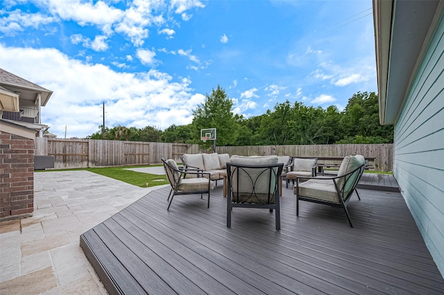 1942 Crisfield Dr, Sugar Land, TX 77479 - wooden terrace featuring outdoor lounge area, a fenced backyard, and a patio