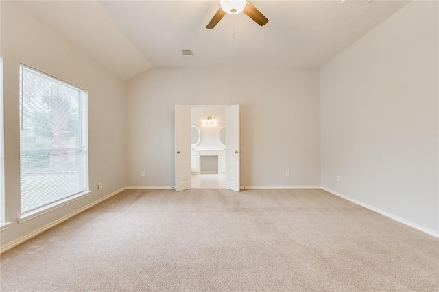 3402 Pebble Beach Ln, Pearland, TX 77584 - unfurnished bedroom with light carpet, baseboards, lofted ceiling, and ceiling fan