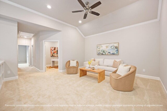 833 Fisher St Unit E, Houston, TX 77018 - carpeted living area with ornamental molding, a ceiling fan, recessed lighting, baseboards, and lofted ceiling