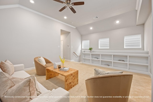 833 Fisher St Unit E, Houston, TX 77018 - living area featuring lofted ceiling, recessed lighting, light colored carpet, a ceiling fan, and baseboards