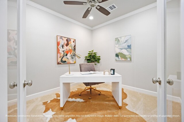 833 Fisher St Unit E, Houston, TX 77018 - office area featuring light colored carpet, french doors, baseboards, crown molding, and recessed lighting