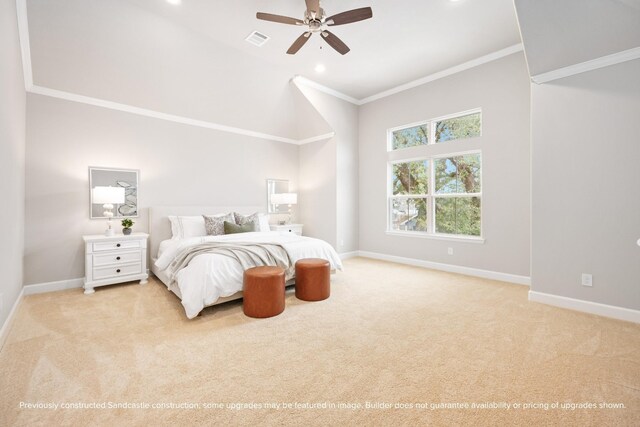 833 Fisher St Unit E, Houston, TX 77018 - bedroom with baseboards, light carpet, crown molding, a ceiling fan, and recessed lighting