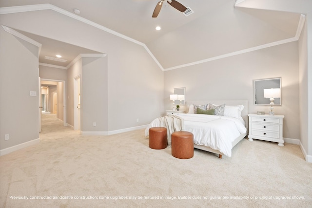 833 Fisher St Unit E, Houston, TX 77018 - carpeted bedroom with lofted ceiling, crown molding, baseboards, a ceiling fan, and recessed lighting