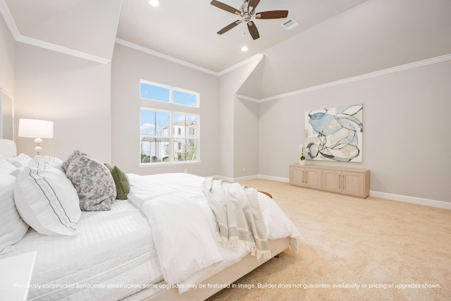 833 Fisher St Unit E, Houston, TX 77018 - carpeted bedroom with baseboards, recessed lighting, ornamental molding, ceiling fan, and a towering ceiling