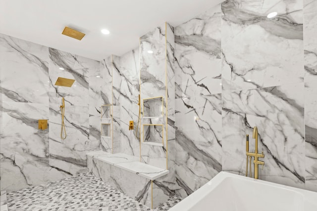 6001 Norhill Blvd, Houston, TX 77009 - full bathroom with a bath, a marble finish shower, stone wall, and recessed lighting