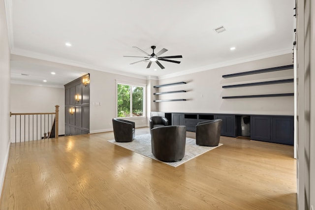 6001 Norhill Blvd, Houston, TX 77009 - unfurnished living room with light wood-style floors, a ceiling fan, ornamental molding, recessed lighting, and baseboards