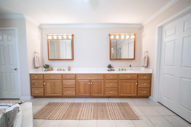 918 Dogwood Ridge Dr, Diboll, TX 75941 - full bathroom featuring double vanity, crown molding, tile patterned flooring, and a tub