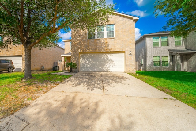 22802 Sherioaks Ln, Spring, TX 77389 - traditional home featuring a garage, driveway, brick siding, a front lawn, and cooling unit