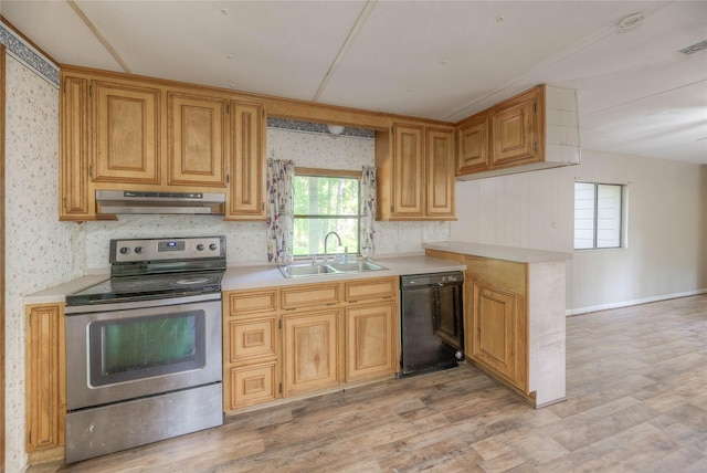 330 Oak Tree Dr, Point Blank, TX 77364 - kitchen featuring electric stove, black dishwasher, under cabinet range hood, a sink, and wallpapered walls