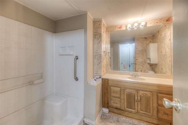 330 Oak Tree Dr, Point Blank, TX 77364 - bathroom featuring ornamental molding, vanity, and a shower