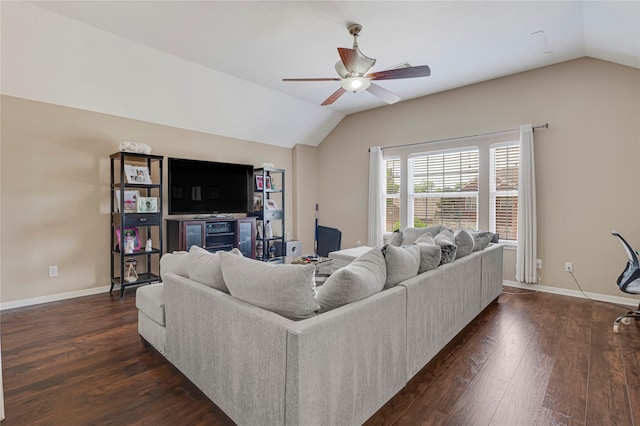 16946 Creek Mountain Dr, Houston, TX 77084 - living area featuring vaulted ceiling, a ceiling fan, dark wood-style flooring, and baseboards