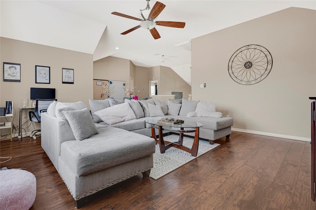 16946 Creek Mountain Dr, Houston, TX 77084 - living area featuring vaulted ceiling, a ceiling fan, wood finished floors, and baseboards