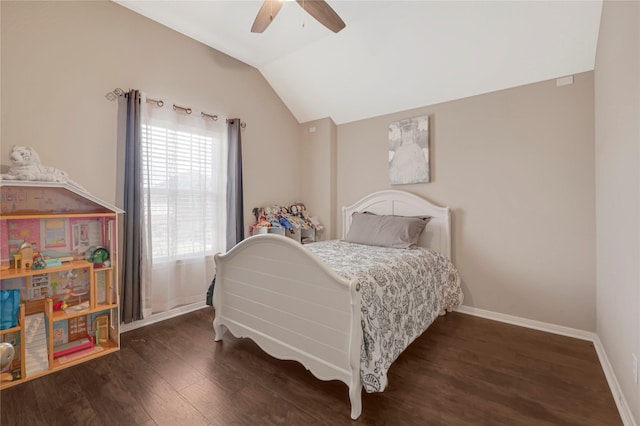 16946 Creek Mountain Dr, Houston, TX 77084 - bedroom with vaulted ceiling, wood finished floors, baseboards, and ceiling fan