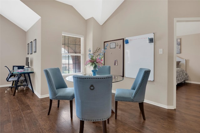 16946 Creek Mountain Dr, Houston, TX 77084 - dining room featuring wood finished floors, baseboards, a desk, and high vaulted ceiling