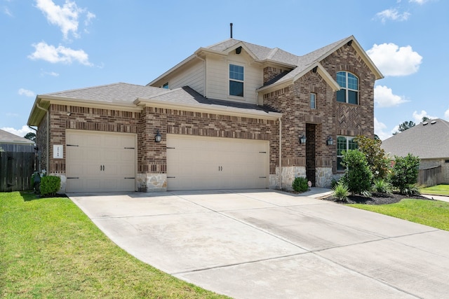 25718 Balsamwood Dr, Tomball, TX 77375 - traditional-style home featuring driveway, stone siding, roof with shingles, and brick siding