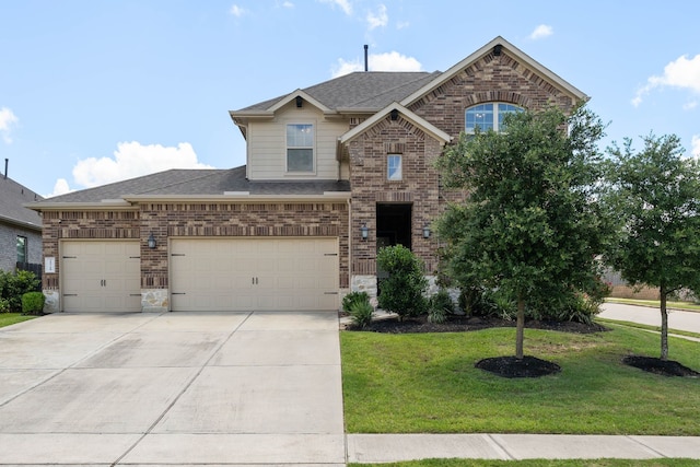 25718 Balsamwood Dr, Tomball, TX 77375 - view of front of home with a front yard, concrete driveway, a shingled roof, brick siding, and an attached garage