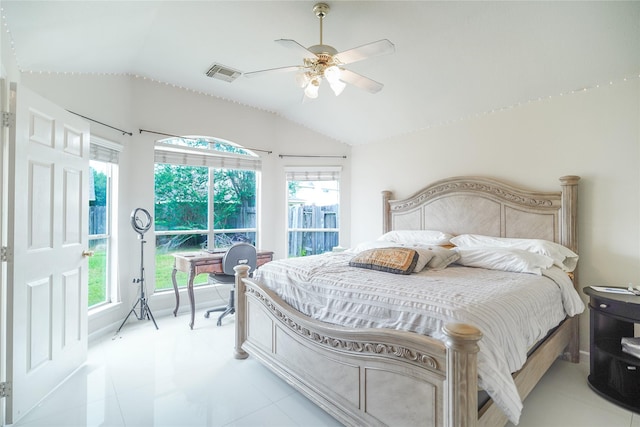 13614 Birch Canyon Ct, Houston, TX 77041 - bedroom featuring vaulted ceiling, light tile patterned floors, and ceiling fan