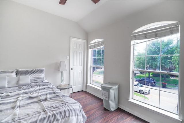 13614 Birch Canyon Ct, Houston, TX 77041 - bedroom with dark wood-type flooring, lofted ceiling, ceiling fan, and baseboards