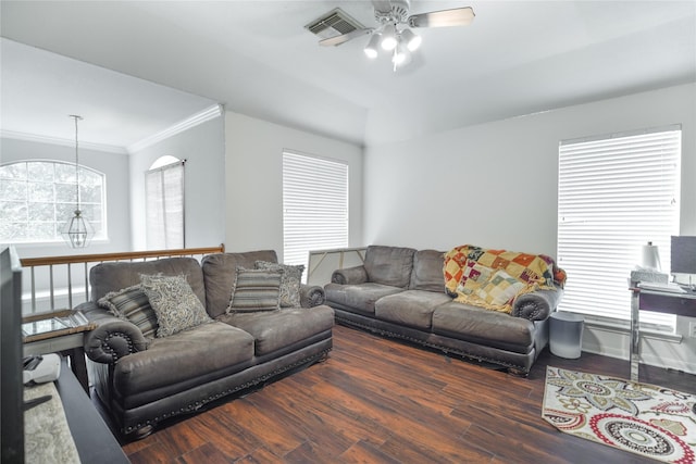 13614 Birch Canyon Ct, Houston, TX 77041 - living room with ceiling fan, wood finished floors, ornamental molding, and baseboards