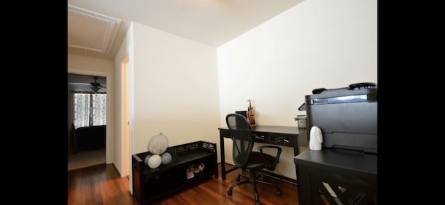 2726 Maybrook Hollow Ln, Houston, TX 77047 - home office featuring attic access and dark wood-style flooring