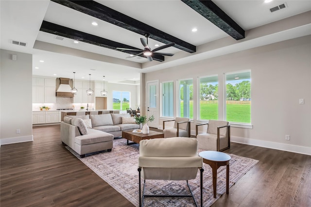 1437 Bluebonnet Ridge Dr, Chappell Hill, TX 77426 - living area featuring dark wood-style flooring, a ceiling fan, beamed ceiling, baseboards, and recessed lighting