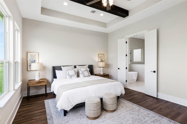 1437 Bluebonnet Ridge Dr, Chappell Hill, TX 77426 - bedroom with wood finished floors, baseboards, ensuite bathroom, recessed lighting, and ceiling fan