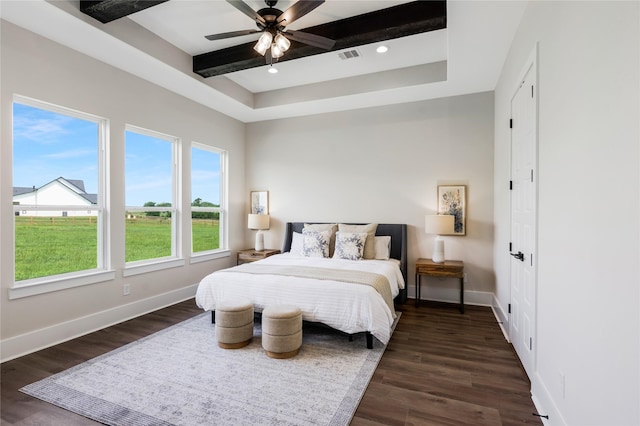 1437 Bluebonnet Ridge Dr, Chappell Hill, TX 77426 - bedroom with dark wood-style floors, a raised ceiling, baseboards, ceiling fan, and recessed lighting