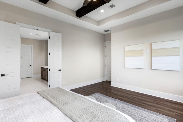 1437 Bluebonnet Ridge Dr, Chappell Hill, TX 77426 - unfurnished bedroom with wood finished floors, baseboards, recessed lighting, and beamed ceiling