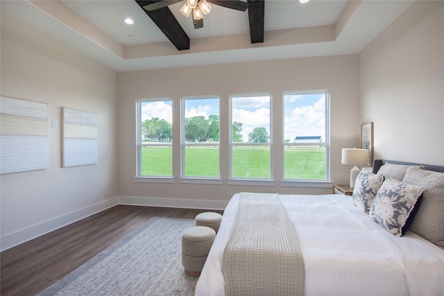 1437 Bluebonnet Ridge Dr, Chappell Hill, TX 77426 - bedroom featuring wood finished floors, beamed ceiling, baseboards, recessed lighting, and ceiling fan