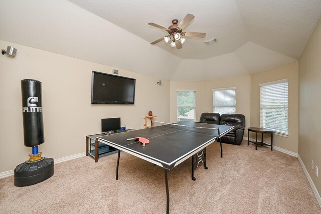 20803 Twisted Leaf Dr, Cypress, TX 77433 - playroom with carpet, ceiling fan, and lofted ceiling