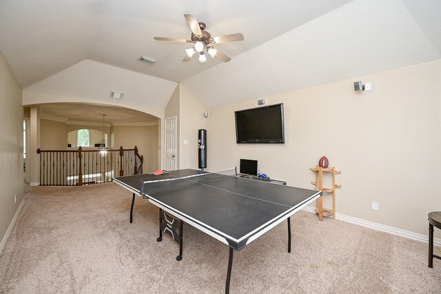 20803 Twisted Leaf Dr, Cypress, TX 77433 - playroom with carpet, ceiling fan, arched walkways, and lofted ceiling
