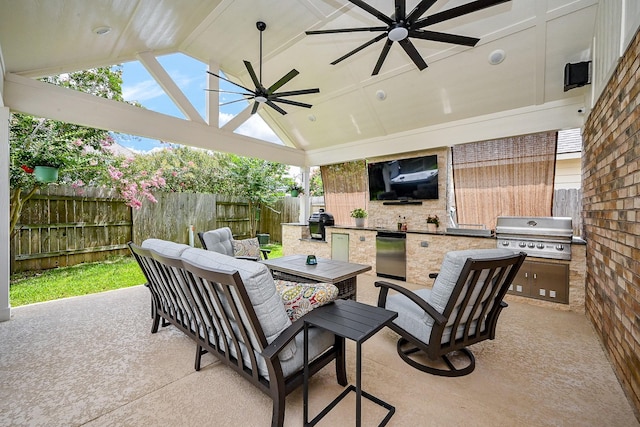 20803 Twisted Leaf Dr, Cypress, TX 77433 - fenced backyard featuring an outdoor kitchen, ceiling fan, a gazebo, outdoor dining area, and a patio area