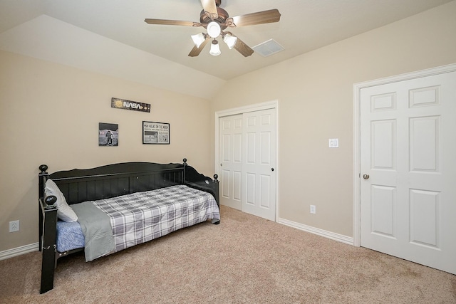 20803 Twisted Leaf Dr, Cypress, TX 77433 - bedroom featuring vaulted ceiling, carpet, a closet, and a ceiling fan
