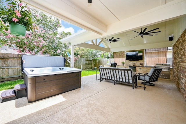 20803 Twisted Leaf Dr, Cypress, TX 77433 - fenced backyard with a hot tub, ceiling fan, a patio, outdoor lounge area, and grilling area