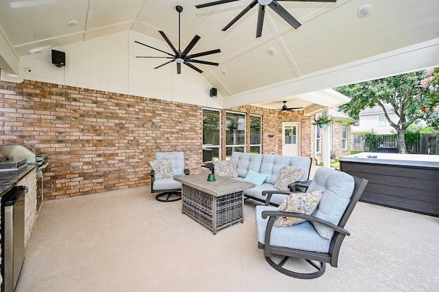 20803 Twisted Leaf Dr, Cypress, TX 77433 - view of patio featuring a ceiling fan, a hot tub, and an outdoor living space