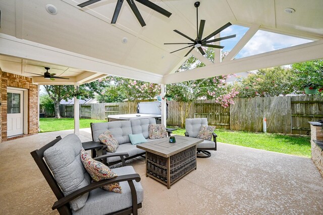 20803 Twisted Leaf Dr, Cypress, TX 77433 - fenced backyard featuring a ceiling fan, an outdoor hangout area, a patio area, and a gazebo